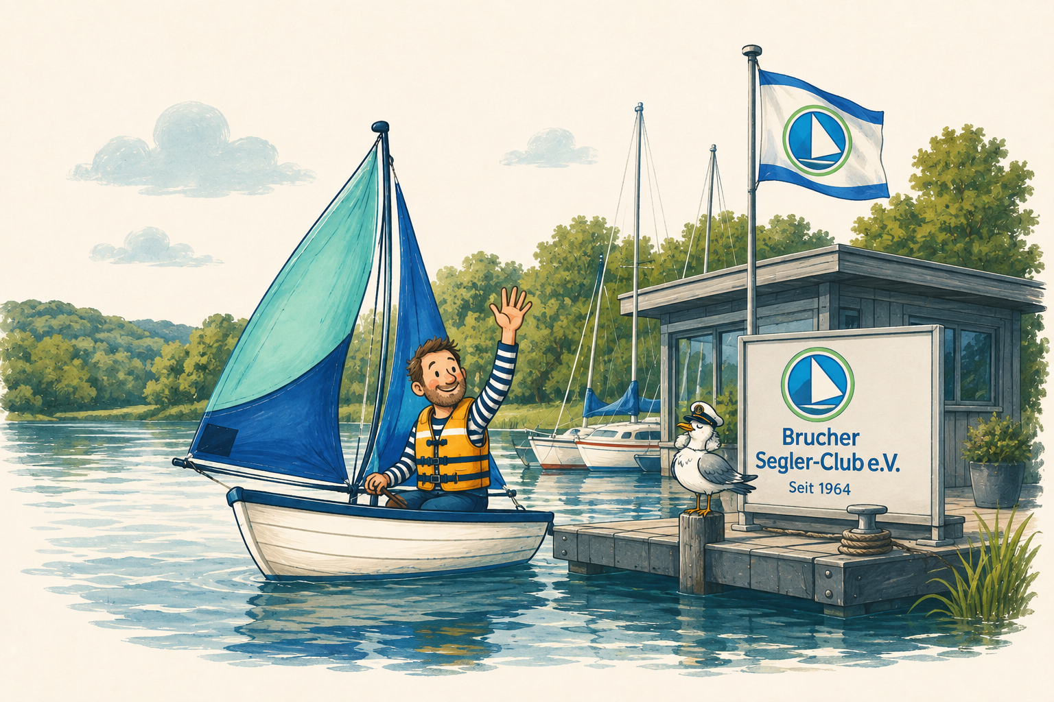 Maritime BrSC-Karikatur: Ein Segler winkt am Vereinssteg, neben ihm eine Möwe und das Vereinslogo vor einer bewaldeten Talsperre.